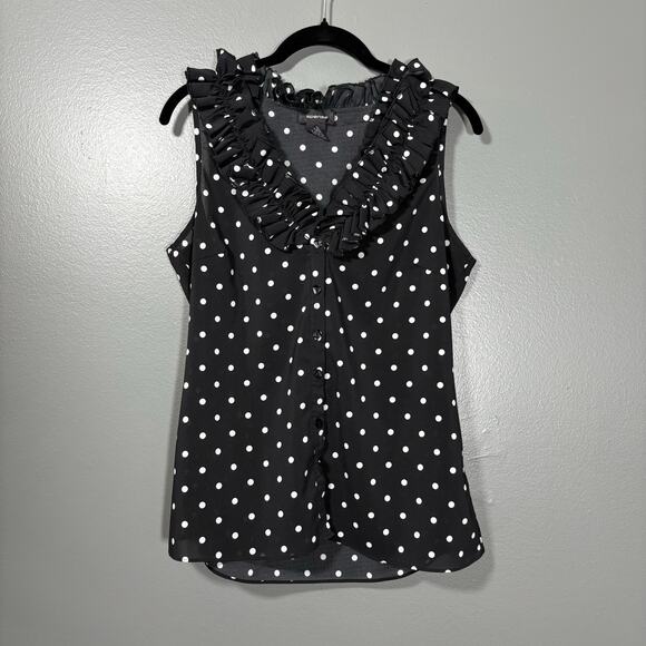 Spense Womens Black & White Polka Dot Whimsical Ruffle Top - Medium - Sleeveless - Picture 1 of 5